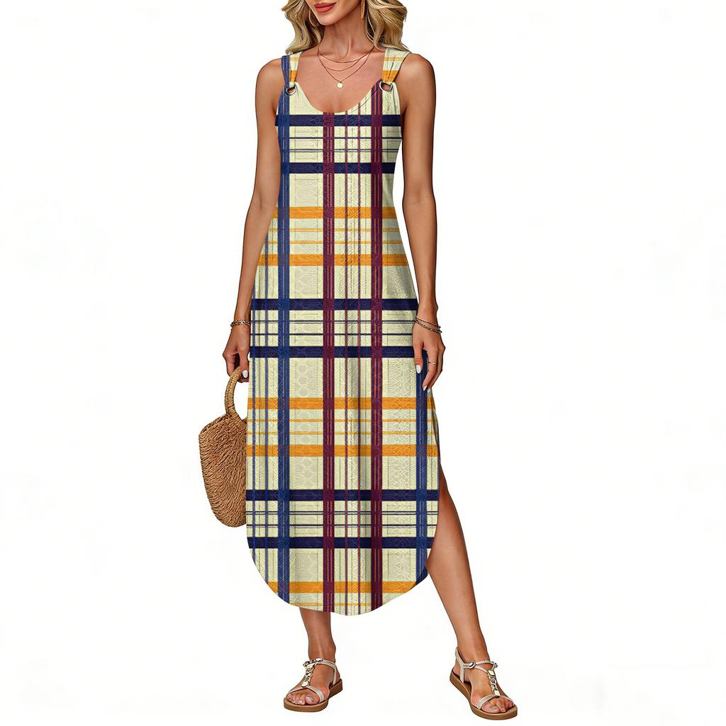 Women's Summer Long Dress, Sleeveless with Side Slits, Long Plaid Printed Vest Dress