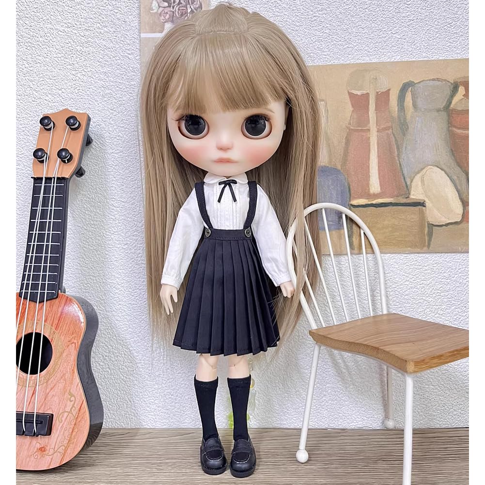 rakulifey Blythe doll outfit set: Long-sleeved shirt, skirt, school uniform, suitable for Neo Blythe and Obitsu 24 dolls, 3 colors (gray)