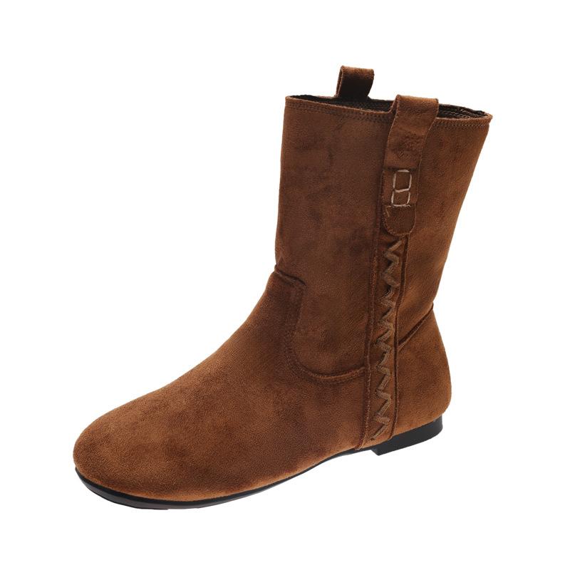 New Boots Retro Wide Tube Leather Thick Heel Medium Tube Western Knight Short Boots Women's Autumn and Winter Martin Boots Fashion Boots