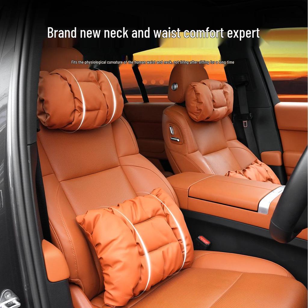 Neues Luxus Auto Kopfstützen- & Lendenwirbelstützkissen - Fleckenresistentes Leder, Fortschrittliche Nackenstütze & Baumwollpolster