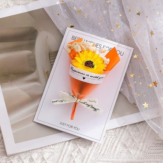 Handmade Mini Flower Bouquet Greeting Card Dried Baby's Breath/Sunflower/Soap Rose Flower Gift Card for Valentine's Day Spring Mother's Day Wedding