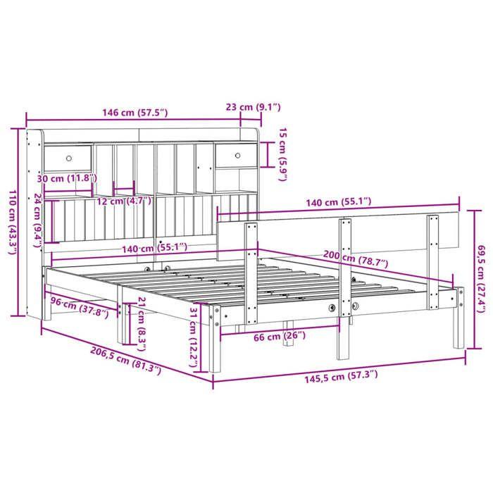 VidaXL Lit bibliothèque sans matelas 140x200 cm bois massif de pin, lit, meuble de chambre à coucher, lit avec rangement, 3321834