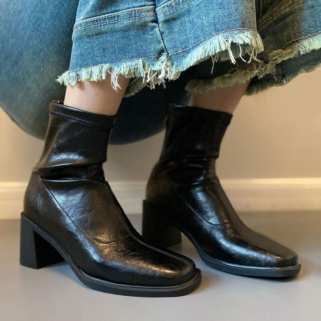 Spot~ Cowhide Version Short Boots Commuter High Heel Elastic Thin Boots Autumn and Winter Velvet Retro Thick Heel Boots Silent Outsole