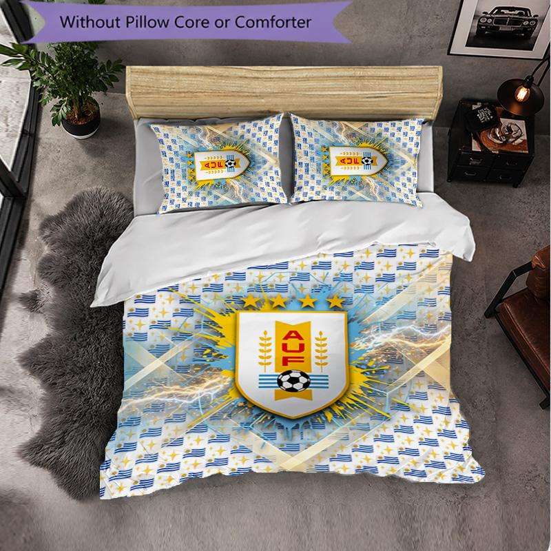 Uruguay Football Pattern 3 Pieces Bedding Set Soft Microfiber Duvet Cover with Pillow Cases for Bedroom
