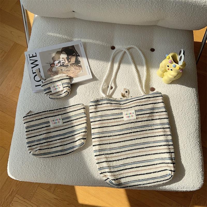 111 Large Capacity Striped Handbag Women's Canvas Bag Commuter Cotton Bag One Shoulder Crossbody Underarm Bag