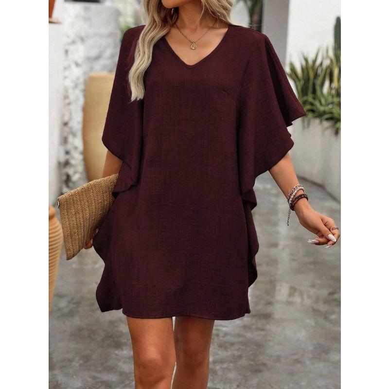 Summer Women's Ruffle Sleeve V-Neck Mini Dress Casual Loose Solid Chiffon Dress for Daily