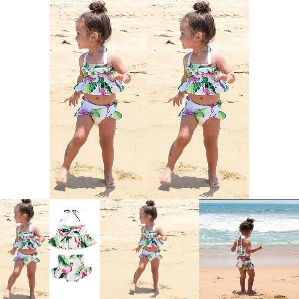 Charming 2pcs Girls Ruffle Floral Bikinis Set Featuring Adorable Flamingo Design