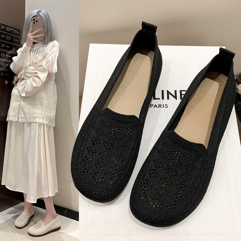Summer Breathable Knitted Casual Shoes Women Versatile Flat Hollow Out Soft Bottom Comfortable Non-Slip Middle-Aged Mothe