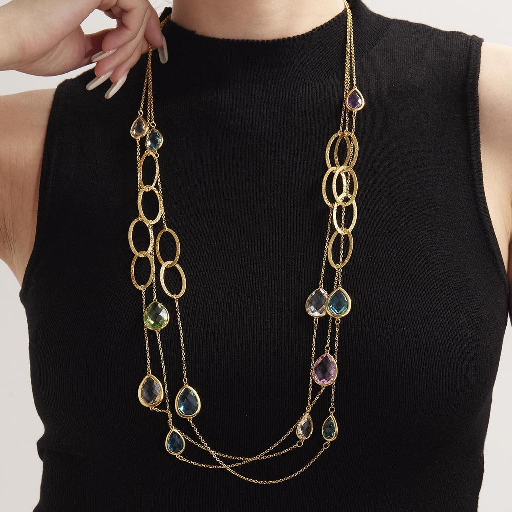 European & American Water Drop Glass Stone Long Sweater Necklace with Hollow Round Ring in Non-Fading Titanium Steel