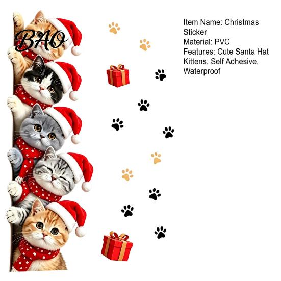 Waterproof PVC Festive Decor Christmas Cat Door Sticker, Cute Santa Hat Kittens Wall Decal, Self Kitten Window Stickers Adhesive Sticker for