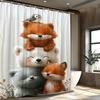 1pc Playful Red Fox & Bear Trio Stacked Shower Curtain - Soft Forest Background with Falling Snowflakes