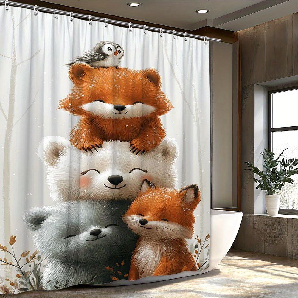 1pc Playful Red Fox & Bear Trio Stacked Shower Curtain - Soft Forest Background with Falling Snowflakes