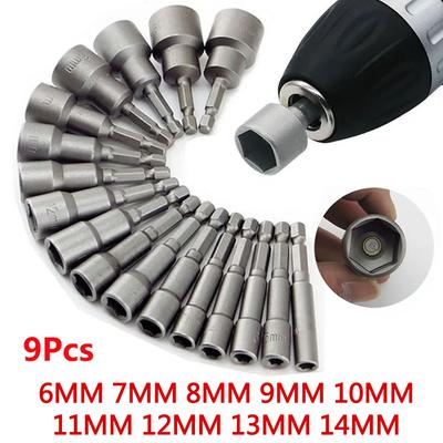 9Pcs/Set 6mm-14mm Hex Sockets Sleeve Nozzles Nut Set 1/4" Driver Screwdriver Bits Kit Drill Adapter For Woodworking Tools