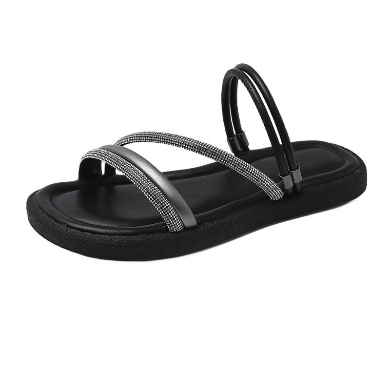 

TEH3802 sandals women s summer outer wear 2025 new fairy wind bright diamond cross belt flat bottom one pedal beach 35