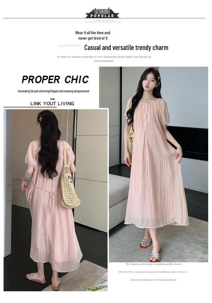 2026 Summer New Maternity Fairy Dress: Simple Round Neck, Loose Fit with Slimming Belt