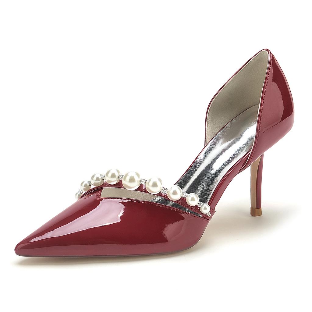 Naked Patent Leather, High Heel, Light Mouth, Pointed Tip, Thin Heel, Pearl Word with Large Size.