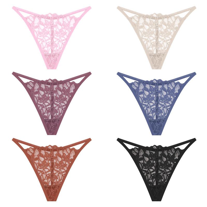 FINETOO Lace Thong For Women Sexy T-back Panty Solid Color Lingerie Floral Underwear
