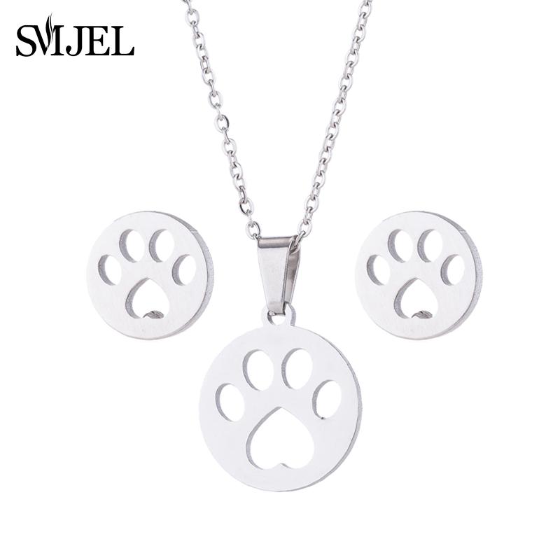 Lovely Gold Color Kitten Cat Stainless Steel Zircon Set Necklaces Men Collares Fashion Hollow Cat Earring Necklace Paw Zircon