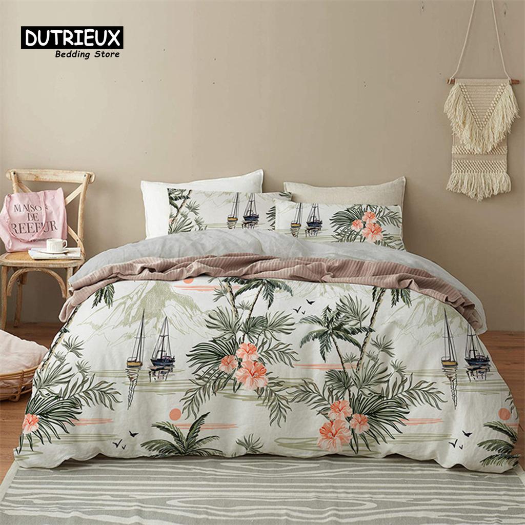 Comforter Green Palm Leaf Floral Bedding Set Tropical Leaves Flowers Animals Microfiber Comforter For Adults Kids Decor