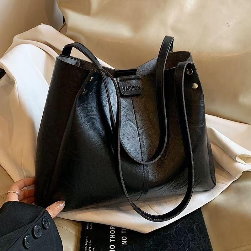 Large Capacity Tote Bag Autumn Winter Retro Single Shoulder Wide Strap Crossbody Bag College Student School Commuter Bag чёрный