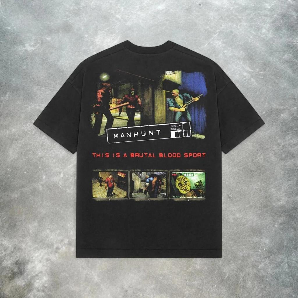 T-shirt Manhunt Retro Y2K da Uomo e da Donna American Street Wear, Top Casual Largo alla Moda con Girocollo per Primavera ed Estate