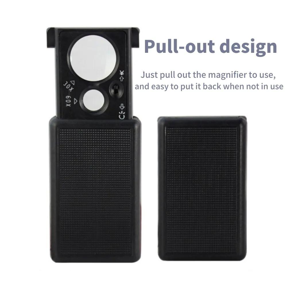 Handheld 30X 60X Magnifier with LED UV Light Mini Portable for Jewelry Inspection Currency Detection Coin Stamp Verification