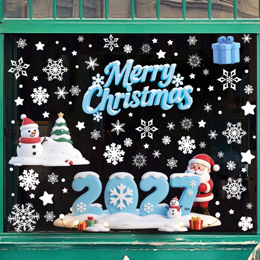 2027 Santa Claus & Snowflake Window Clings - Decorative Christmas Stickers for Glass & Walls