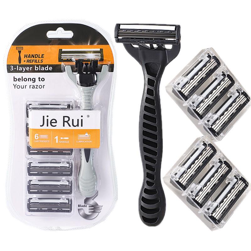 Three-Layer Old-Fashioned Manual Men's Shaving Razor with 1 Handle & 6 Blades