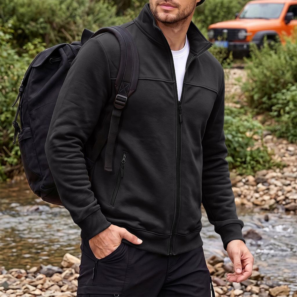 Men's Long Sleeve Jacket with Stand Collar and Zipper Pockets for Outdoor Casual Wear in Fall Winter