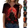 Women's Casual Halloween Printed V Neck Short Sleeve Button Front T Shirt Top for Everyday Wear Seasonal Themed Tee