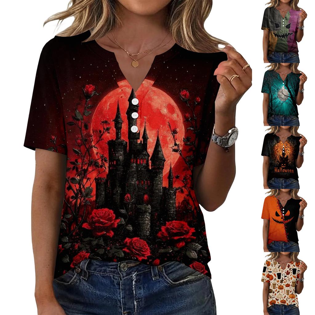 Women's Casual Halloween Printed V Neck Short Sleeve Button Front T Shirt Top for Everyday Wear Seasonal Themed Tee