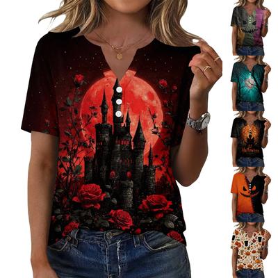 Women's Casual Halloween Printed V Neck Short Sleeve Button Front T Shirt Top for Everyday Wear Seasonal Themed Tee