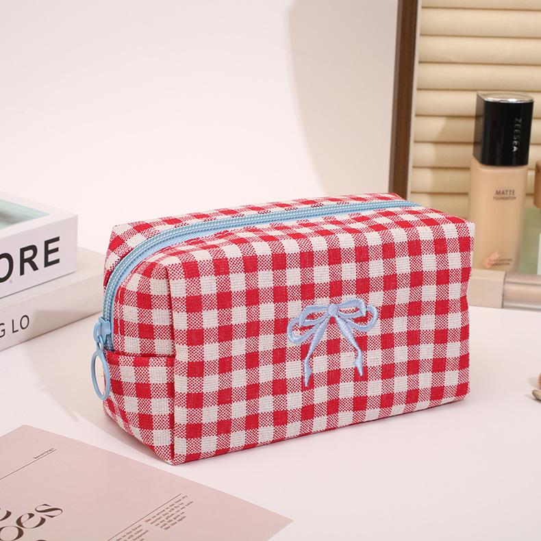 Embroidered Plaid Octagonal Makeup Bag - Large Capacity, Portable Travel, Cute with Bow