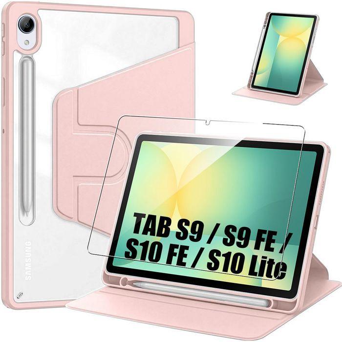 Coque + Verre Trempé pour Samsung Galaxy Tab S9 / S9 FE / S10 FE / S10 Lite, Etui Rotatif - Rose