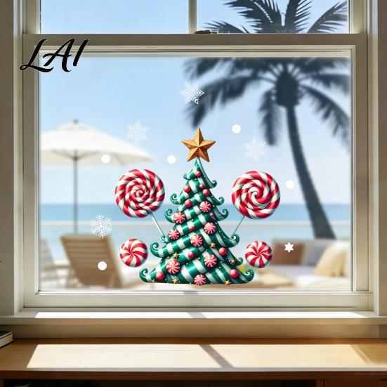 Christmas Tree Wall Decals Candy Window Static Sticker Waterproof PVC Removable Cane Holiday Stickers Glass Clings Decorative Decal for Store