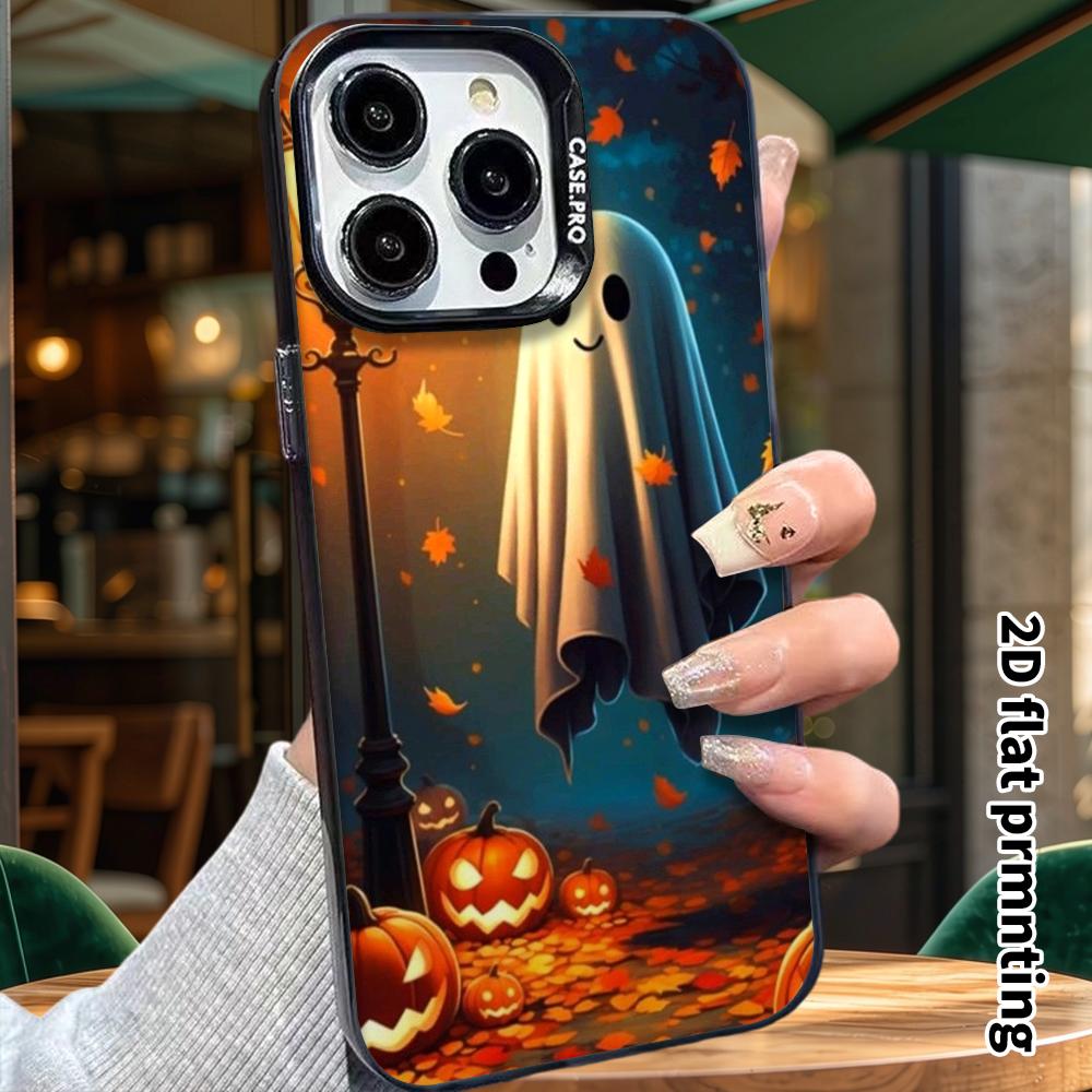 Phone Case: 2D flat, suitable for iPhone 18, 17, 16, 15, 14, 13 Pro in silver color, couple style, cute ghost, Christmas and Halloween gift