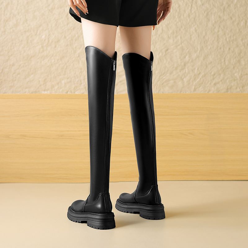 Krazing Pot Microfiber Autumn Winter Shoes Med Heels Flat Platform Size 42 Over-the-knee Boots Slip On Punk Style Elastic Thigh High Boots