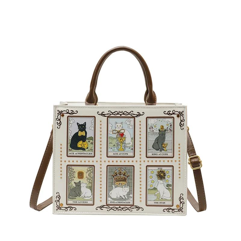 Modische Katzen-Elf Handtasche Top-Handle-Tote-Bag Quadratische Crossbody-Umhängetasche Niedliches Katzenmuster Vielseitige Tote-Bag Aktentasche für Damen