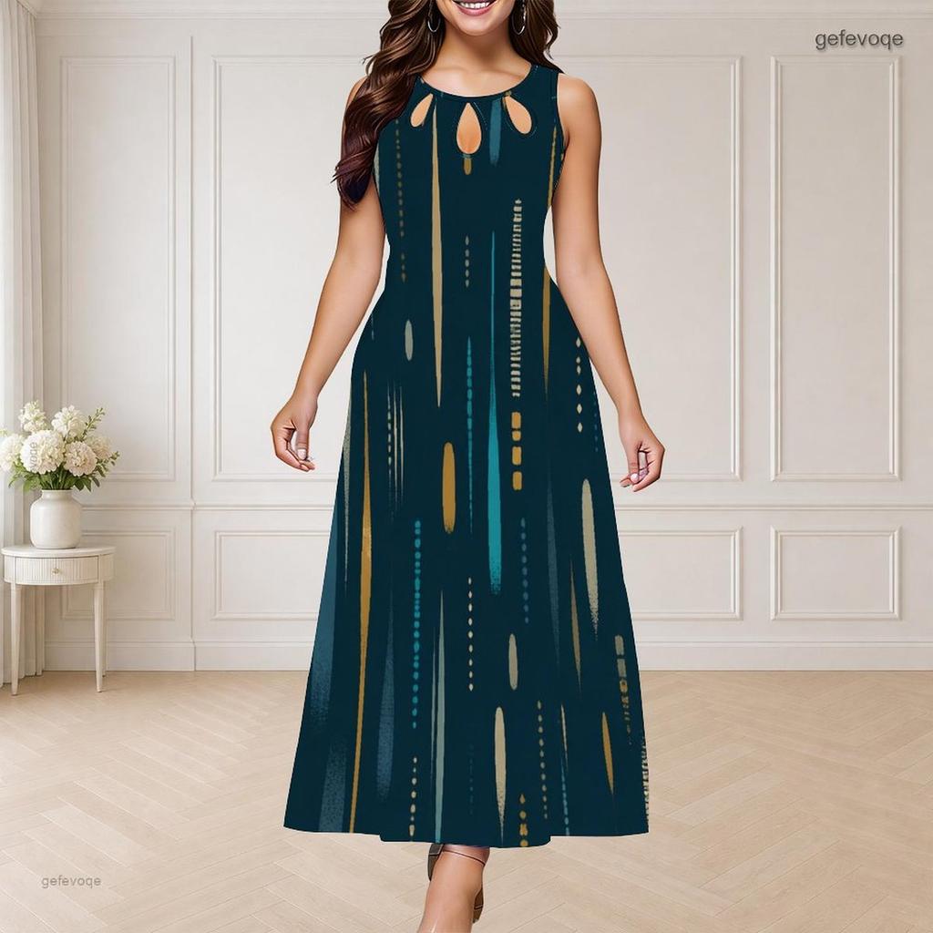 Women Plus Size Round Neck Triple Keyhole Sleeveless Abstract Printed Maxi Dress