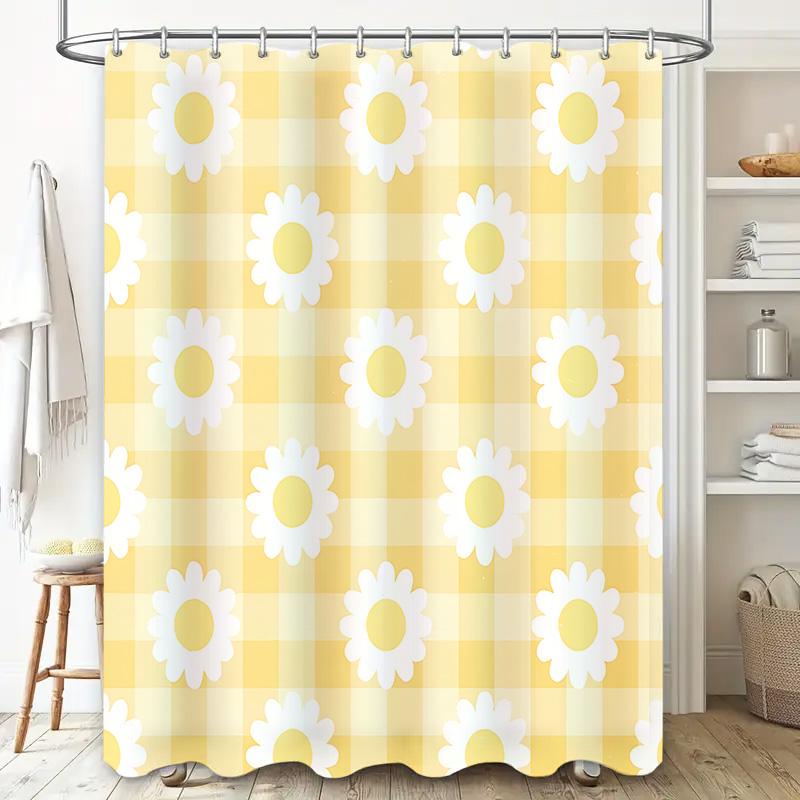 Dunika Chen Yellow/White Sunny Daisy Pattern Shower Curtain For Bathroom Decor Vibrant & Flowers On Checkered Background Waterproof Durable