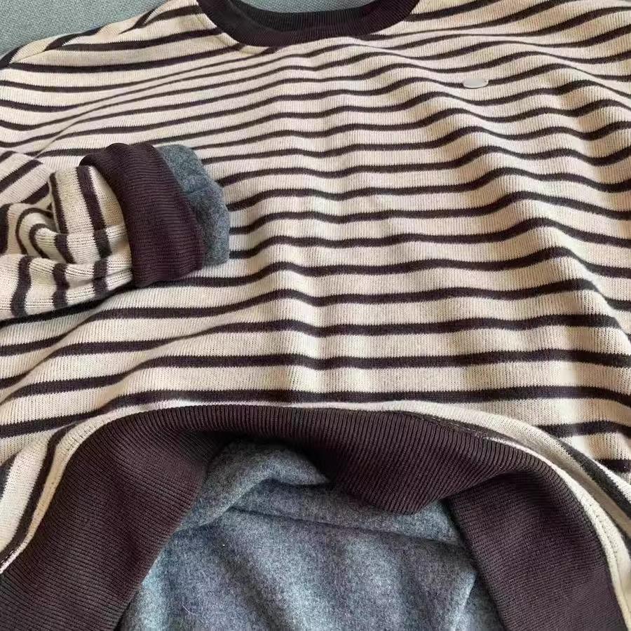 Neat Fit Loose Oversized Retro Brown Striped Round Neck Sweatshirt for Women