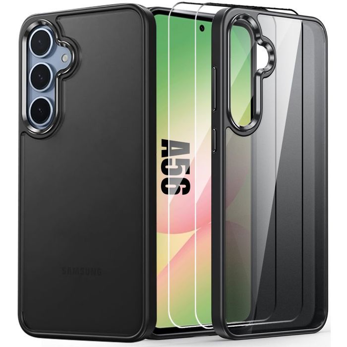 Coque pour Samsung Galaxy A56 5G - BOOLING - Protection Silicone Noir + Dos Rigide Translucide - 2 Verres Trempés