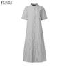 ZANZEA Women Casual Round Neck Summer Short Sleeve Stripe Dress