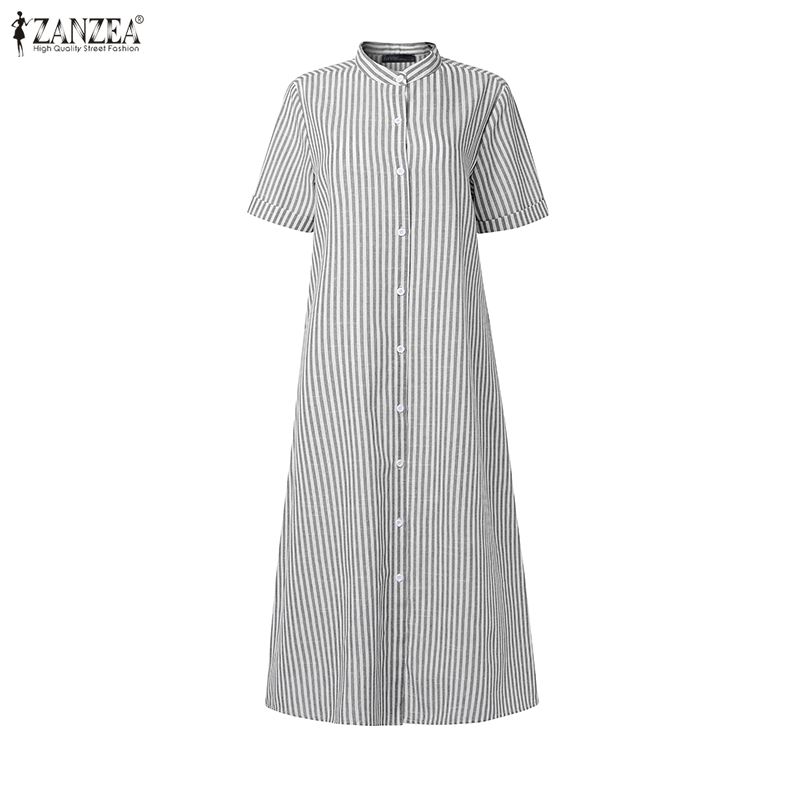 ZANZEA Women Casual Round Neck Summer Short Sleeve Stripe Dress