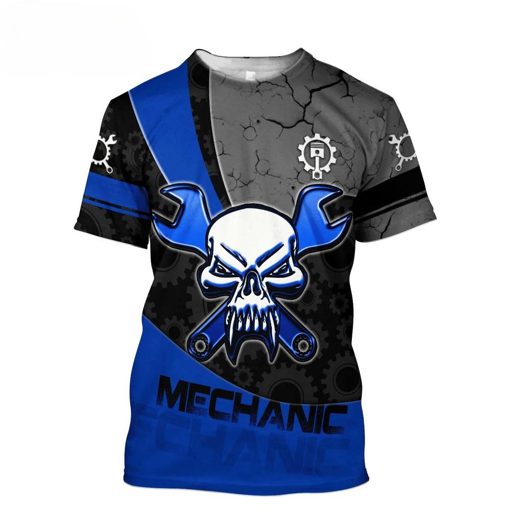 Letnie T-shirty męskie z okrągłym dekoltem, z nadrukiem 3D wzoru mechanicznej czaszki, modne, codzienne, z krótkim rękawem