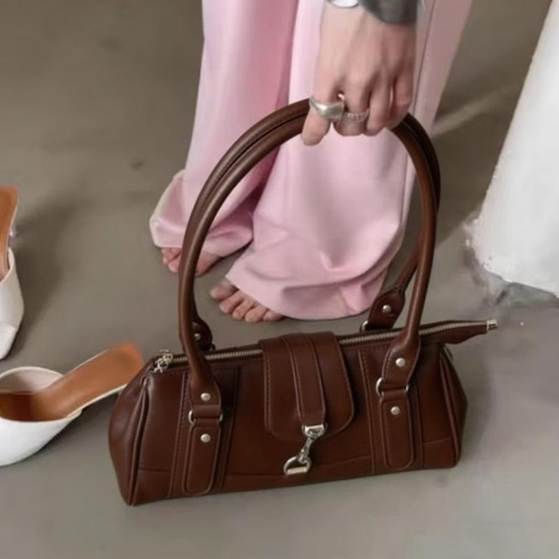 Retro Lock Shoulder Bag, Large Capacity Bost Underarm Bag Women's Fashi Versatile Handbag Solid Color Simple Commuter Bag