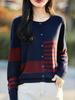 Korean-Style Color-Block Striped Wool Sweater Coat - Autumn/Winter, Loose Fit, Round Neck, Long Sleeve Cardigan.