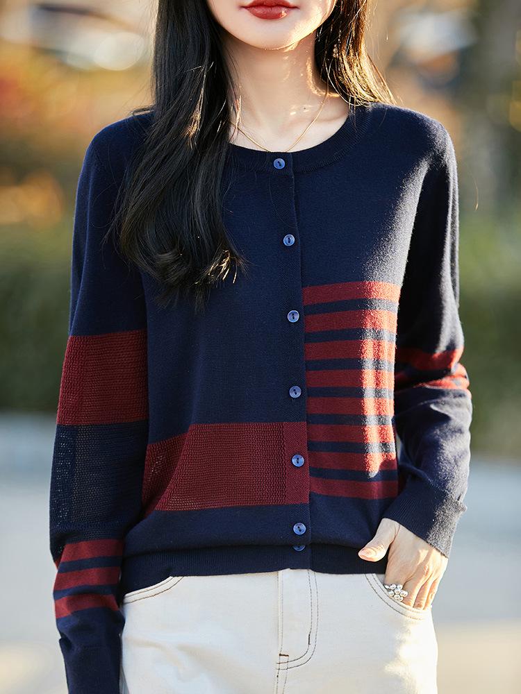 Korean-Style Color-Block Striped Wool Sweater Coat - Autumn/Winter, Loose Fit, Round Neck, Long Sleeve Cardigan.