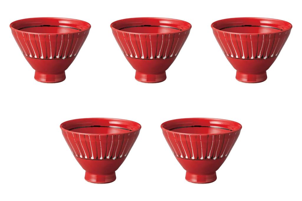 Set of 5 Vermilion Tokusa Large x Setomonohonpo High-Based Bowls, [15.2 10.5 cm] Multi-Purpose Bowls,