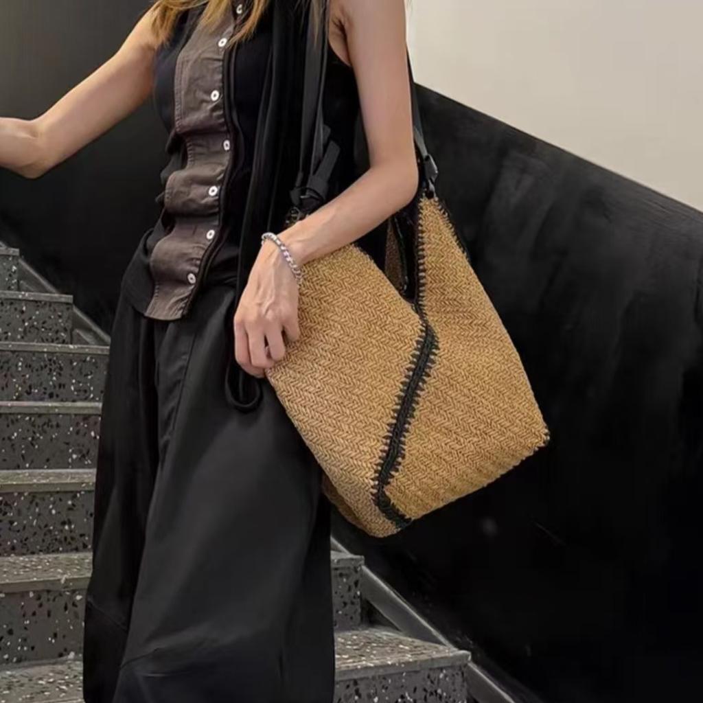 Korean Retro Exquisite Large Bag, High-end Seaside Lazy Style Woven Shoulder Bag, Summer Tourism Vacation Style Beach Bag